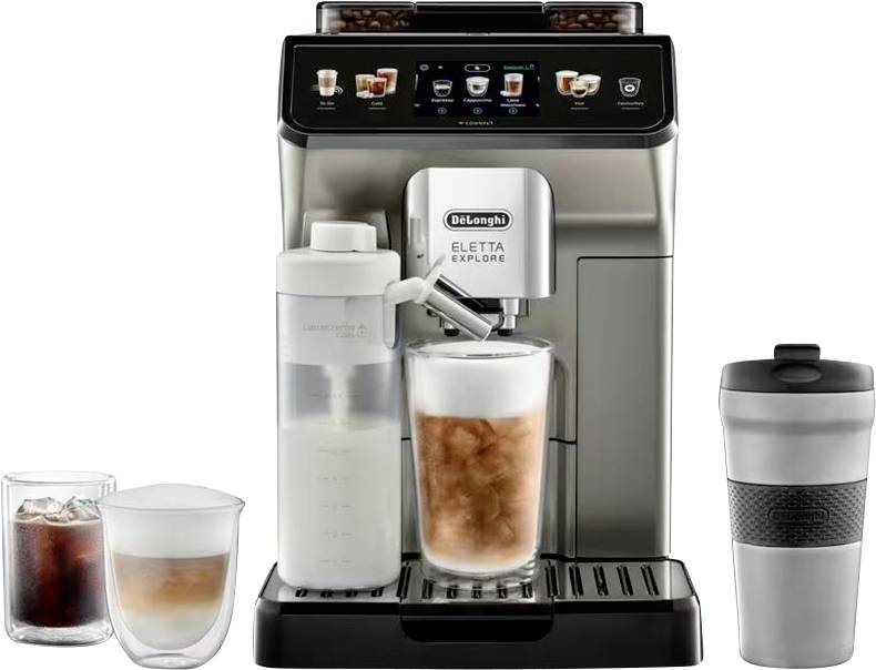De'Longhi Espressomaschine mit Touchscreen, Milchaufschäumer und verschiedenen Kaffeetassengrößen einschließlich Iced und Travel-Mug-Optionen im Vordergrund.