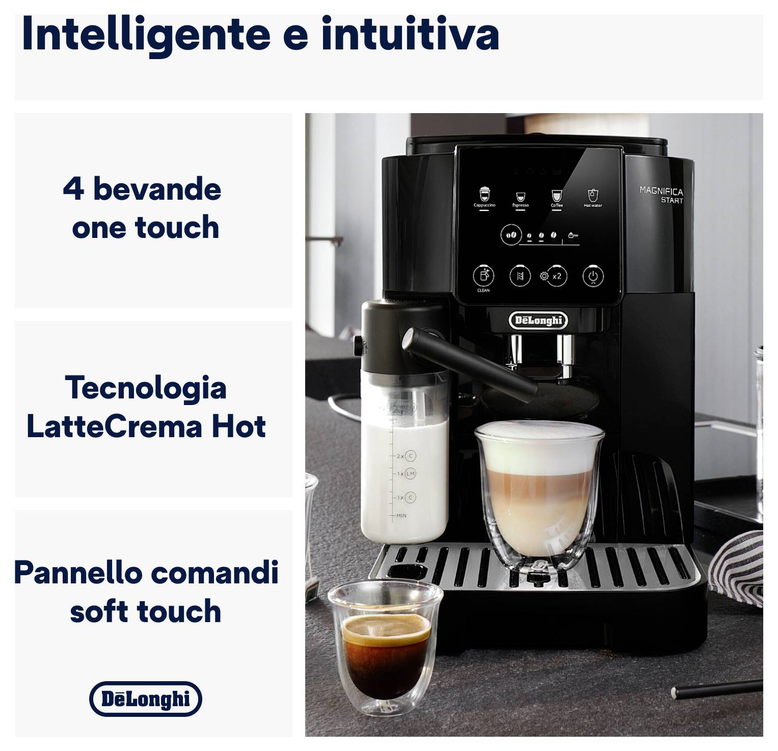 Delonghi Magnifica Start Kaffeemaschine mit Soft-Touch-Bedienfeld, bereitet vier Getränke auf Knopfdruck zu. Verfügt über LatteCrema Hot Technologie.