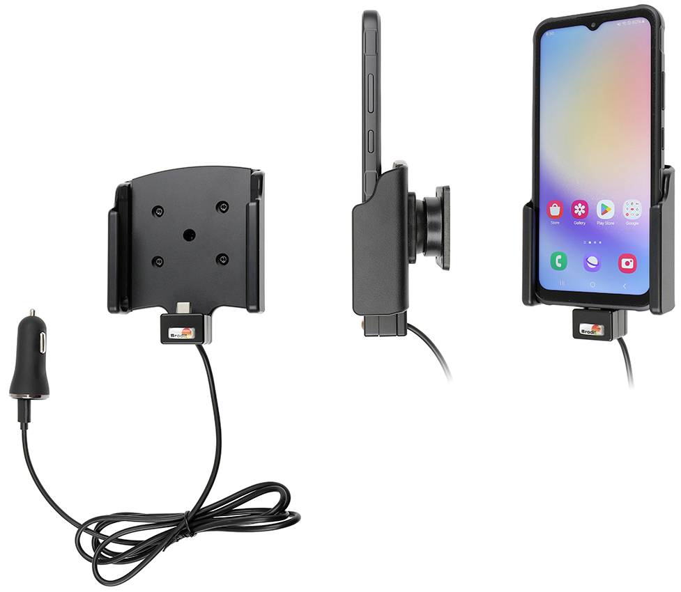 Handyhalterung für Autos mit verstellbarem Griff, Seitenansicht mit eingesetztem Telefon, Kabel verbunden mit Autostromadapter und Vorderansicht mit Telefonbildschirm.