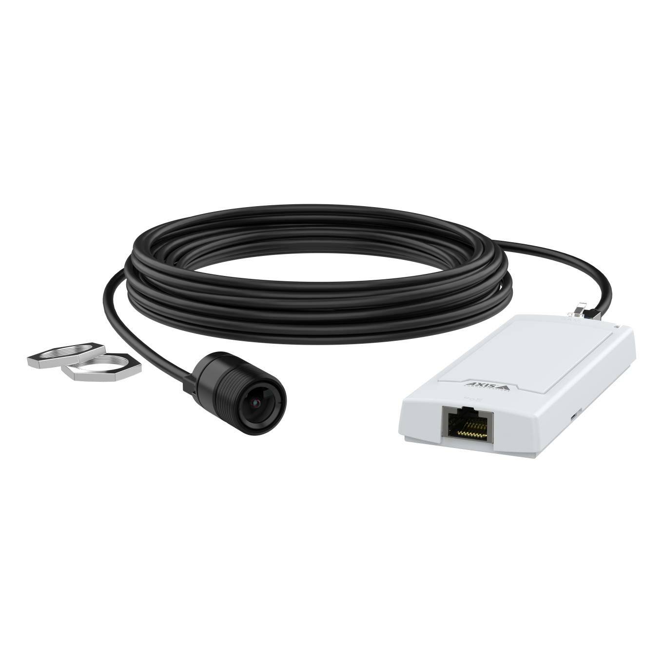 Eine schwarze Überwachungskamera mit einem langen Kabel, das an ein weißes Netzwerkschnittstellenmodul angeschlossen ist, zusammen mit zwei Befestigungsringen.