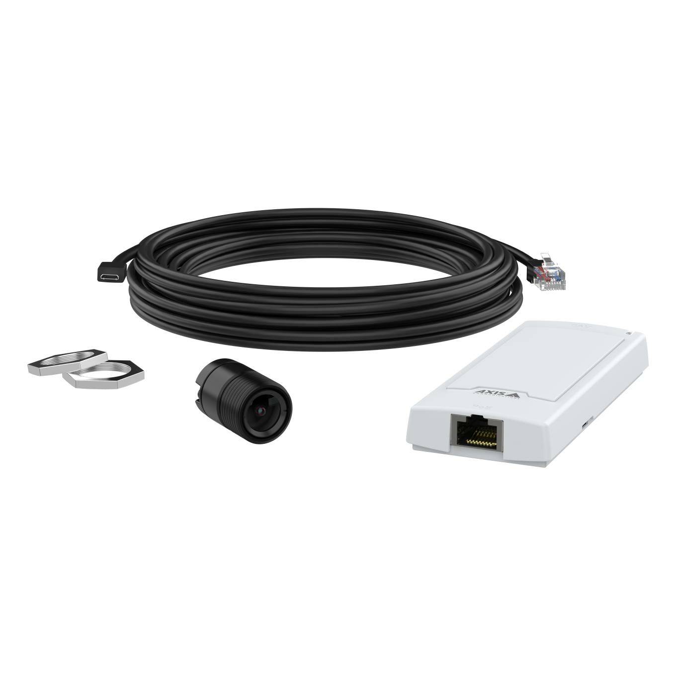 Ein Kamera-Set mit einem Objektiv, einem langen schwarzen Kabel, zwei Montageplatte und einer rechteckigen Netzwerkschnittstelle, verwendet für Überwachungseinrichtungen.