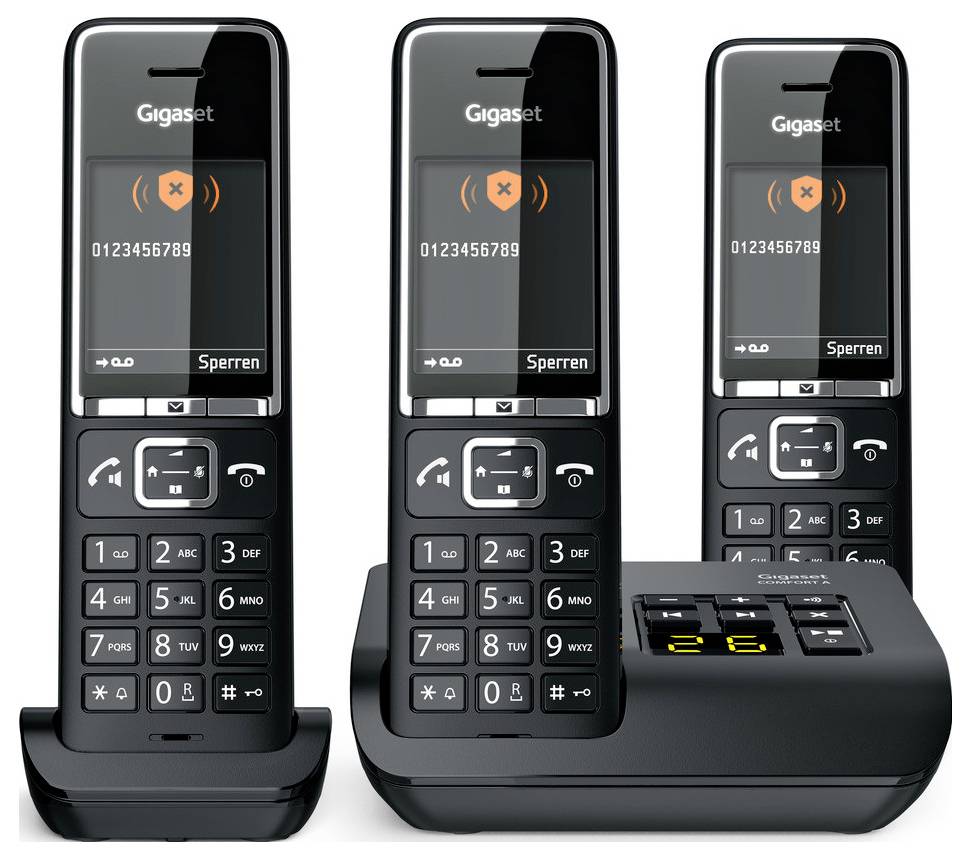 Drei digitale schnurlose Telefone mit numerischen Displays, auf denen ein eingehender Anruf durch ein orangefarbenes Kreuzsymbol über der Nummer "0123456789" gekennzeichnet ist.