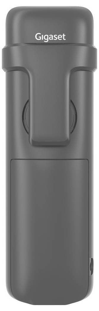Ein graues schnurloses Telefon mit dem Markennamen „Gigaset", der auf der oberen vorderen Sektion angezeigt wird.