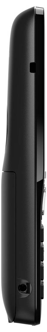 Eine schwarze Fernbedienung von der Seite betrachtet, die ihr schlankes Profil und die Tastenanordnung auf der rechten Kante zeigt.