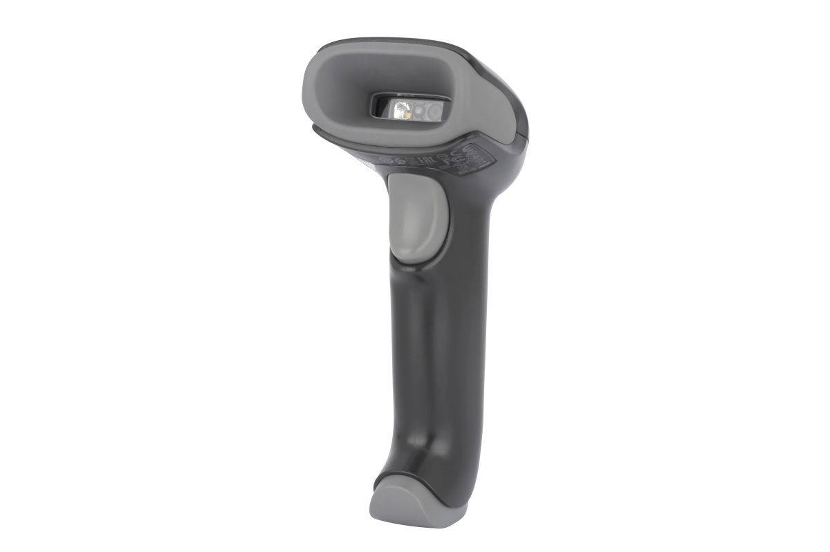 Ein tragbarer Barcode-Scanner mit einem einfachen schwarzen Design mit Abzug und Scannerfenster.