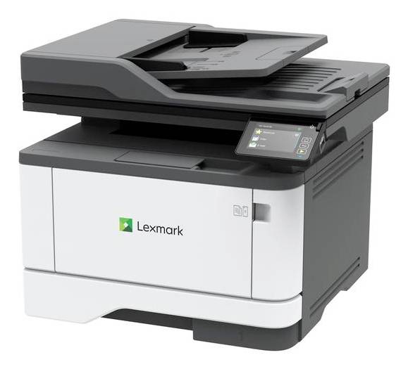 Ein kompakter, multifunktionales Bürodrucker mit Dokumenteneinzug und Touchscreen, auf der Vorderseite mit „Lexmark" gekennzeichnet.
