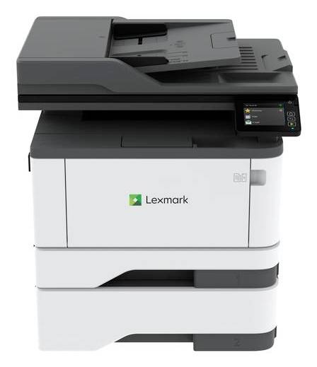 Ein Lexmark-Drucker, Modell mit Touchscreen-Schnittstelle, von vorne gezeigt. Geeignet für die Büronutzung mit Scan- und Druckfunktionen.