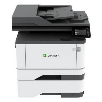 Ein Lexmark-Drucker, Modell mit Touchscreen-Schnittstelle, von vorne gezeigt. Geeignet für die Büronutzung mit Scan- und Druckfunktionen.