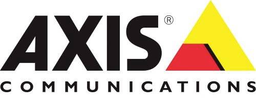 „AXIS Communications" Logo mit schwarzen Großbuchstaben. Ein gelbes und rotes Dreieck ist rechts neben dem Text positioniert.