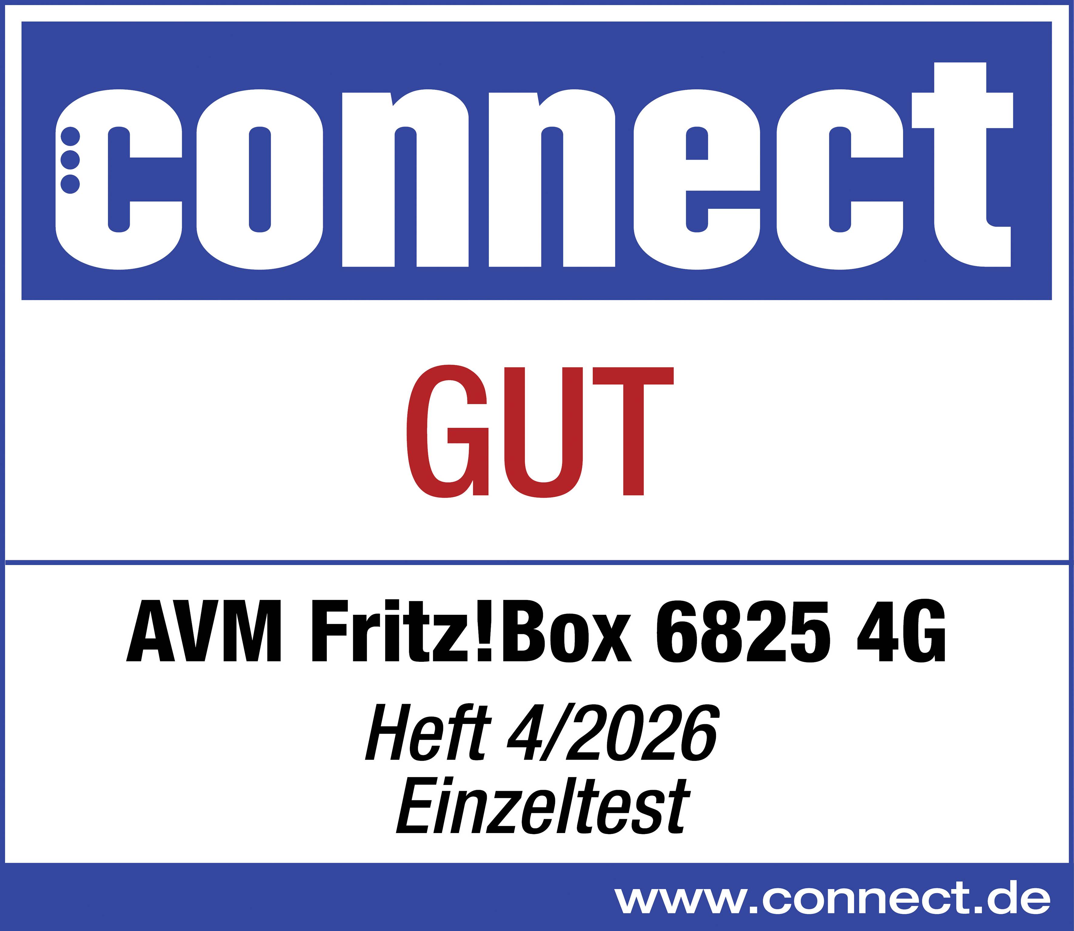 Magazincover für 'connect GUT' mit 'AVM Fritz!Box 6825 4G' und 'Heft 4/2026 Einzeltest', mit connect.de Branding.