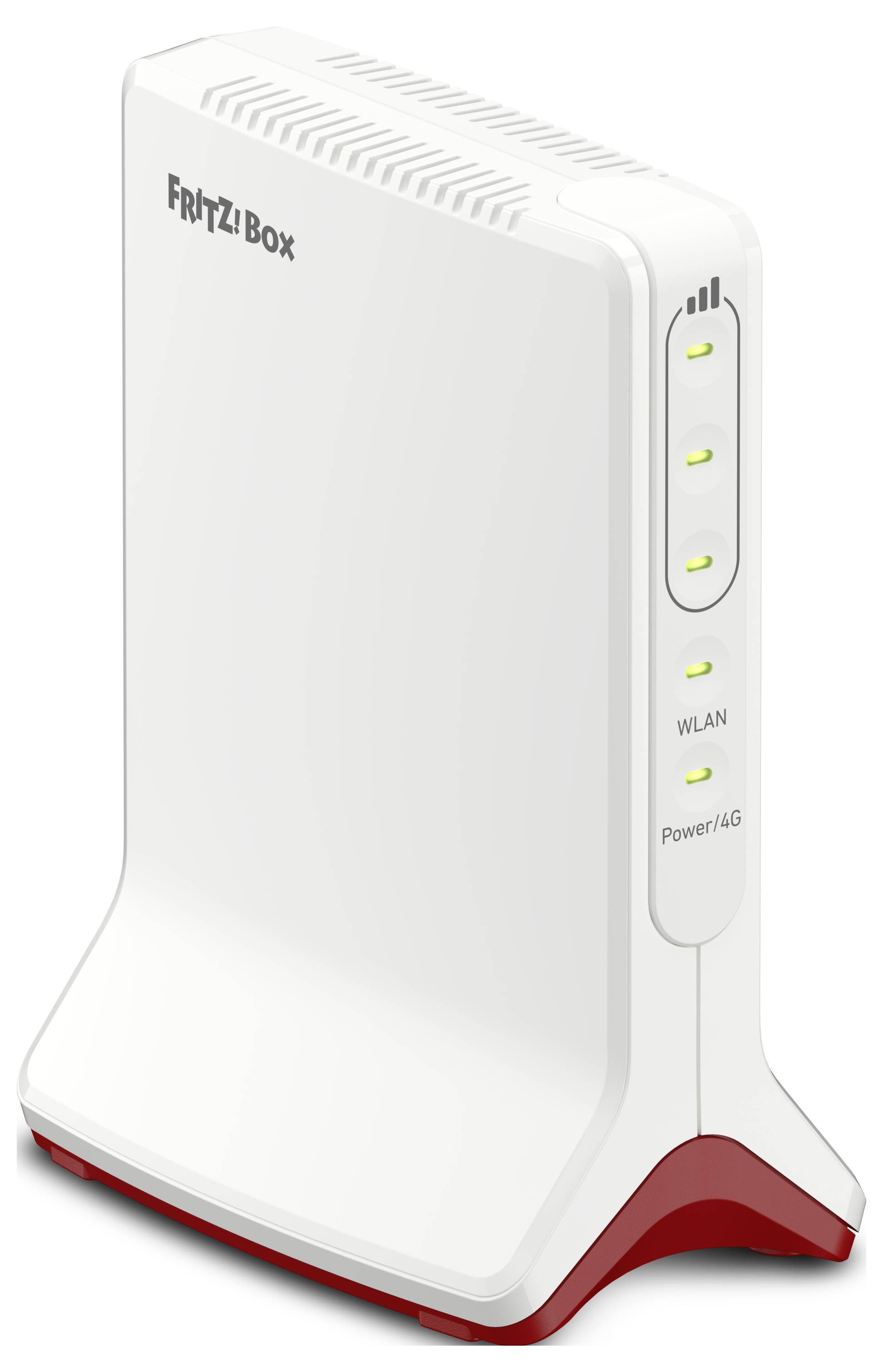 FRITZ!Box-Router, weiß mit roter Basis, mit vier Anzeigelichtern an der Vorderseite für Stromversorgung, WLAN und Verbindungsstatus.