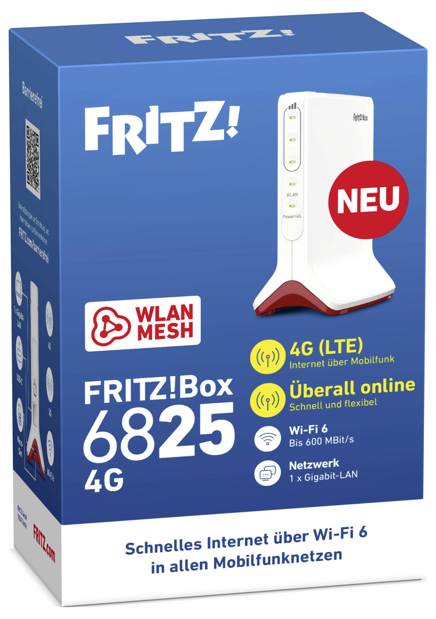 'FRITZ!Box 6825 4G' Router-Box mit WLAN Mesh, 4G LTE, Wi-Fi 6, Netzgeschwindigkeit bis 600 Mbit/s und 1 Gigabit-LAN-Anschluss.