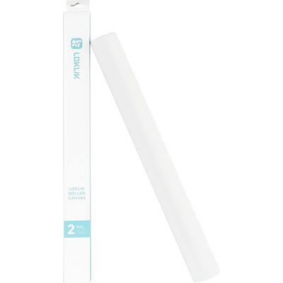 Eine Schachtel mit der Aufschrift „LOKLIK Rolled Canvas" neben einer aufgerollten weißen Leinwand, die zeigt, dass zwei Rollen im Paket enthalten sind.