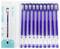 'Heat-Löschbarer Stift-Set' mit 10 blauen Stiften, Radierer enthalten. Stifte sind in einer vertikalen Reihe angeordnet, Verpackung auf der linken Seite. Geeignet zum Schreiben und Löschen.