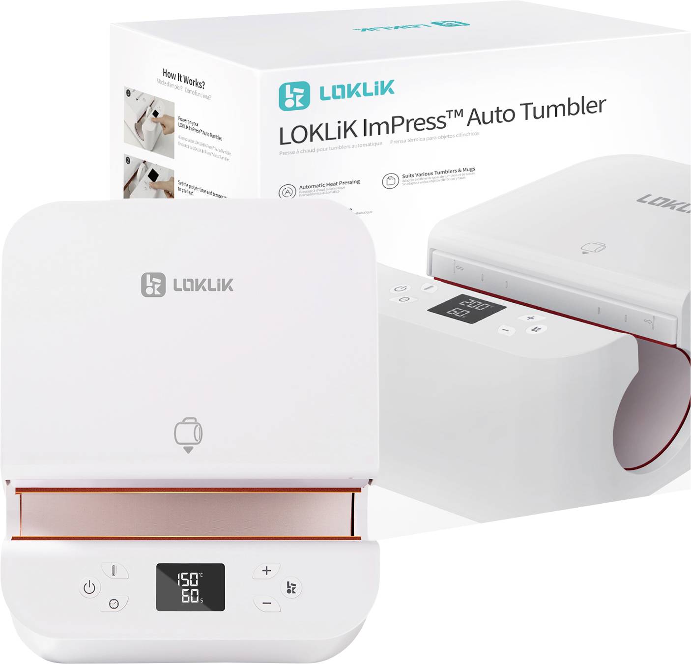 „LOKLiKi ImPress Auto Tumbler"-Maschine mit digitaler Anzeige, die „150°F, 60 Sekunden" anzeigt, zusammen mit ihrer Verpackung dargestellt.