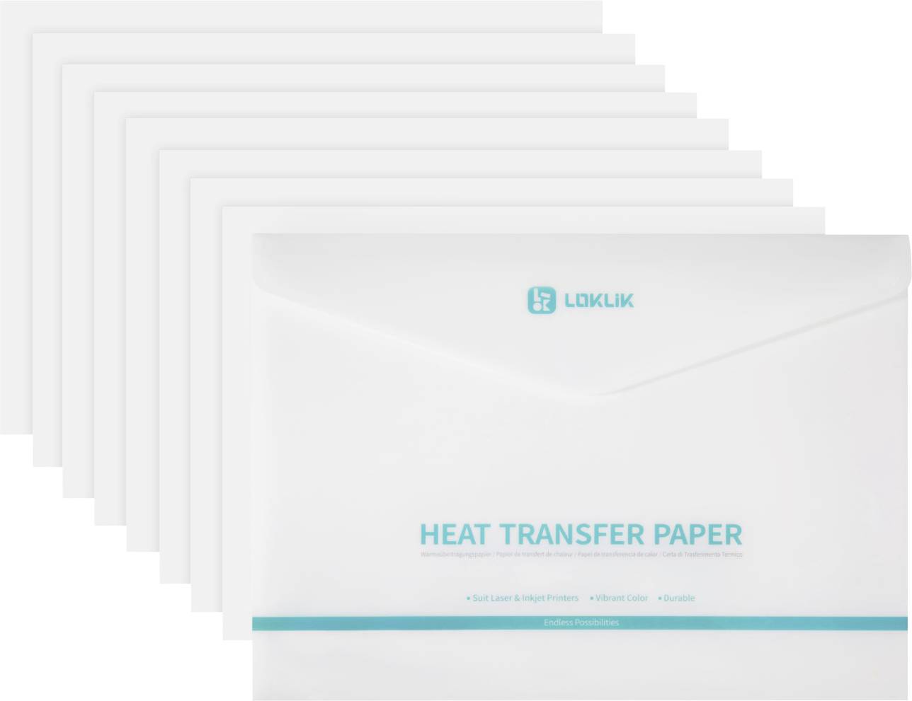 Stapel von LOKLiK-Wärmtransferpapiertüchern, wobei die vordere Verpackung mit „HEAT TRANSFER PAPER" (Wärmtransferpapier) gekennzeichnet ist.