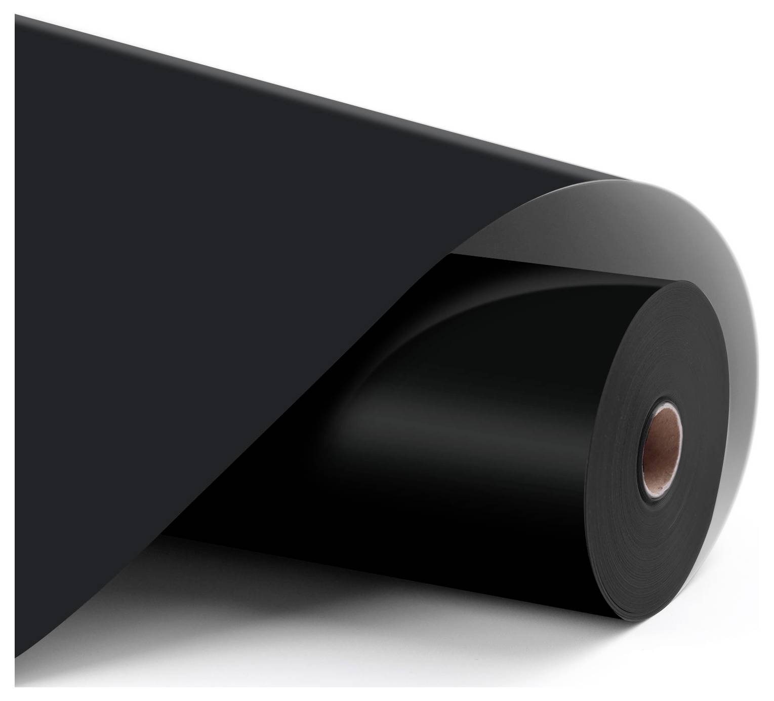 Ein großes, aufgerolltes Blatt aus schwarzem Vinylmaterial, das teilweise aufgerollt ist und seine glänzende, glatte Oberfläche offenbart, wird für verschiedene Anwendungen verwendet.