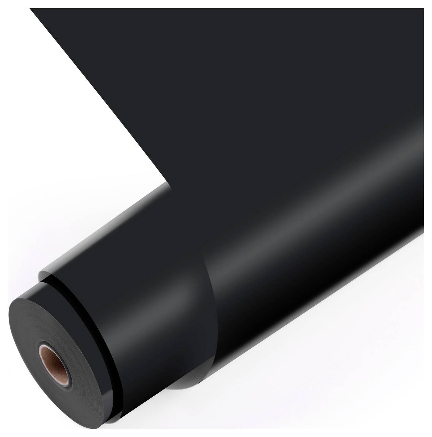 „Schwarze Vinylrolle auf weißem Hintergrund, teilweise abgerollt, um Textur und Dicke zu zeigen."