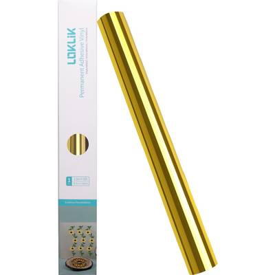 Goldene Klebebolie-Rolle neben einer Verpackungsschachtel, die den Markennamen und eine Beispielkunst mit Sonnenblumen an einer Wand zeigt, beschriftet mit „Permanente Klebebolie".