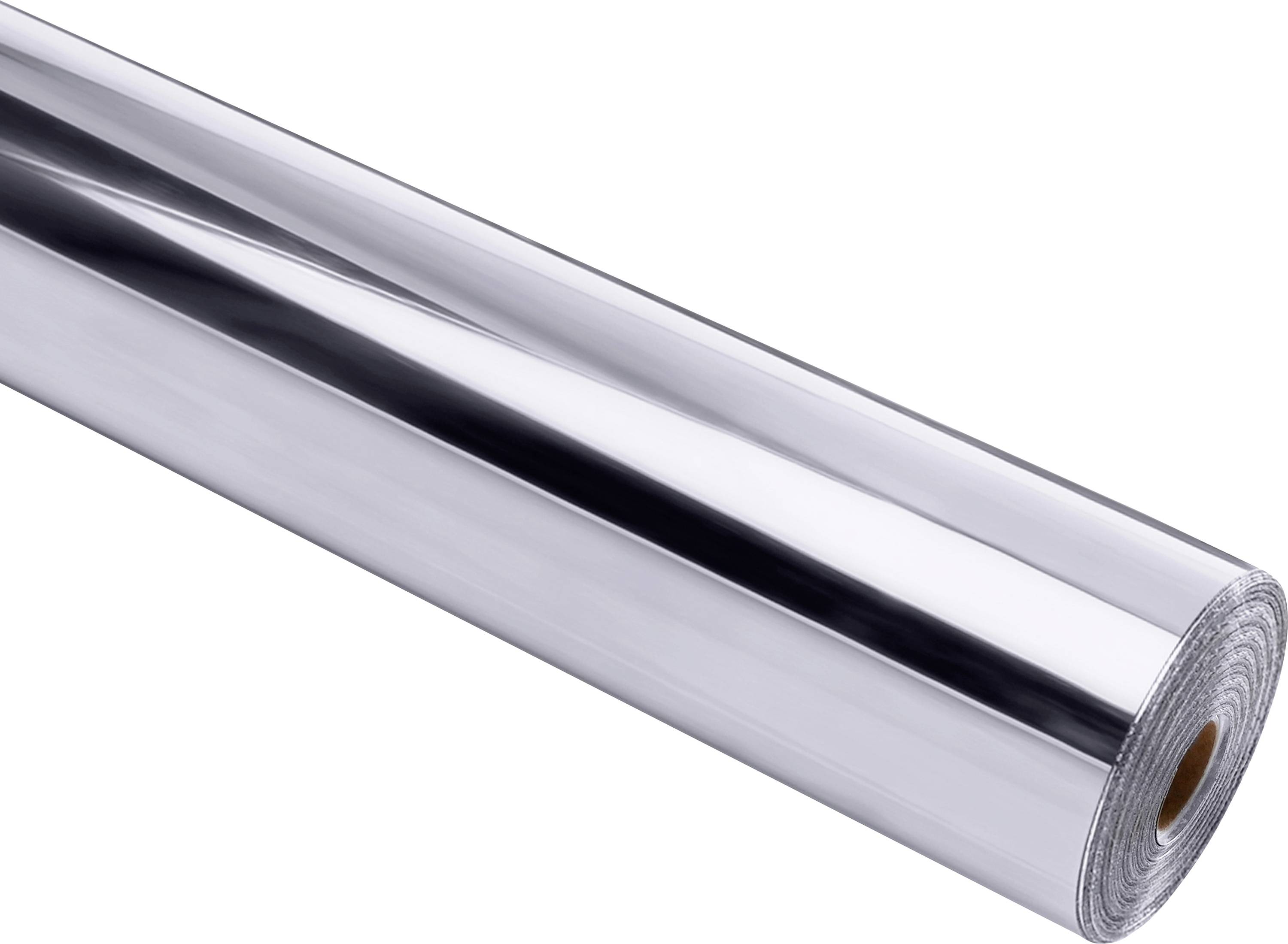 Eine Rolle reflektierender silberner Aluminium folie mit glänzender Oberfläche, diagonal positioniert, die ihre glänzende und glatte Oberflächentextur präsentiert.