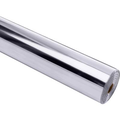 Eine Rolle reflektierender silberner Aluminium folie mit glänzender Oberfläche, diagonal positioniert, die ihre glänzende und glatte Oberflächentextur präsentiert.