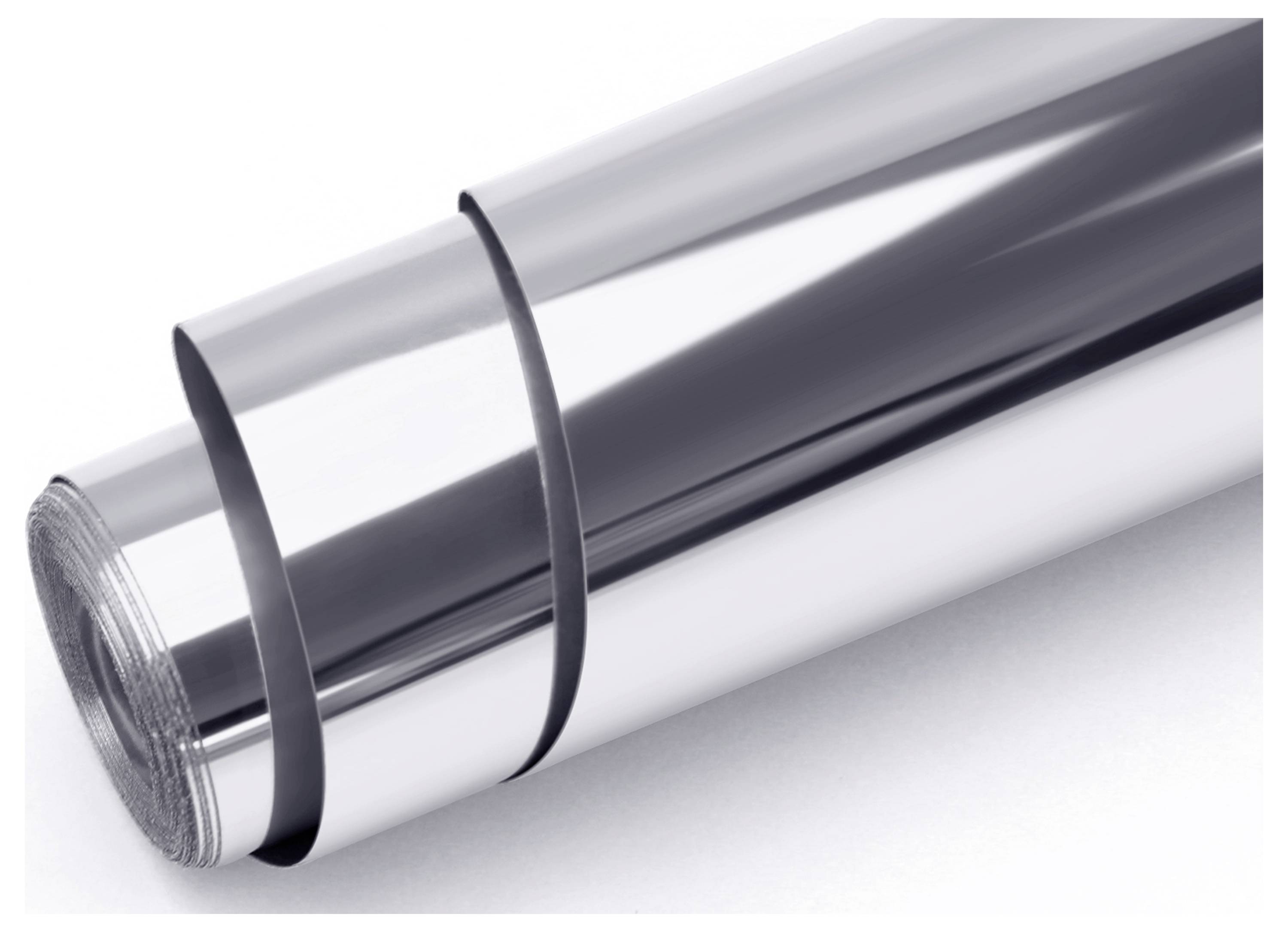 Ein aufgerolltes Blatt aus reflektierendem, metallischem Material, möglicherweise Aluminiumfolie, mit einer glänzenden Oberfläche.