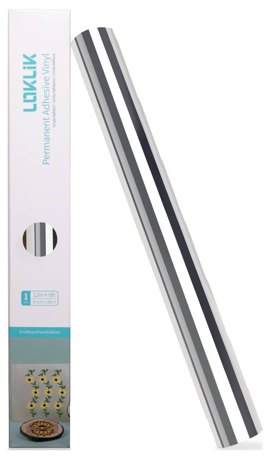 Verpackung für permanenten Haftklebevinyl, Marke 'Lokalix', mit einer aufgerollten Folie mit schwarzen, silbernen und weißen Streifen.