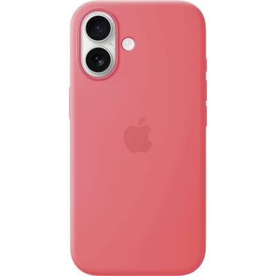 Ein leuchtend korallfarbenes Handyhüllengehäuse mit dem Apple-Logo ist abgebildet und weist duale Kameraausschnitte sowie einen kleinen kreisförmigen Blitzausschnitt auf der Rückseite auf.