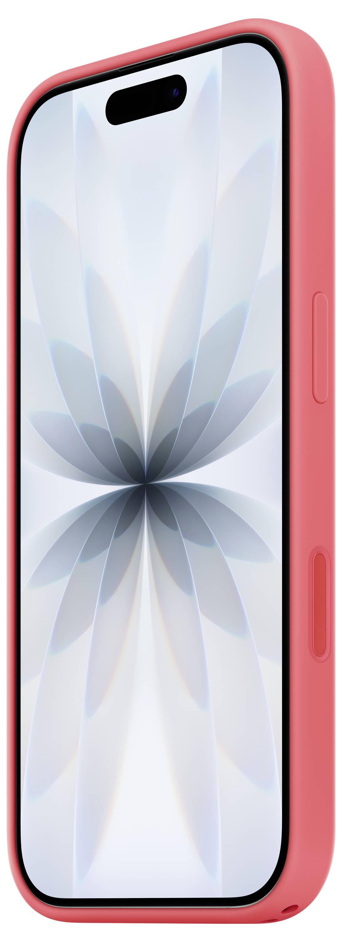 Ein Smartphone mit einem floralen abstrakten Muster auf seinem Bildschirm, in einer leuchtend rosa Schutzhülle eingehüllt, leicht nach rechts geneigt.