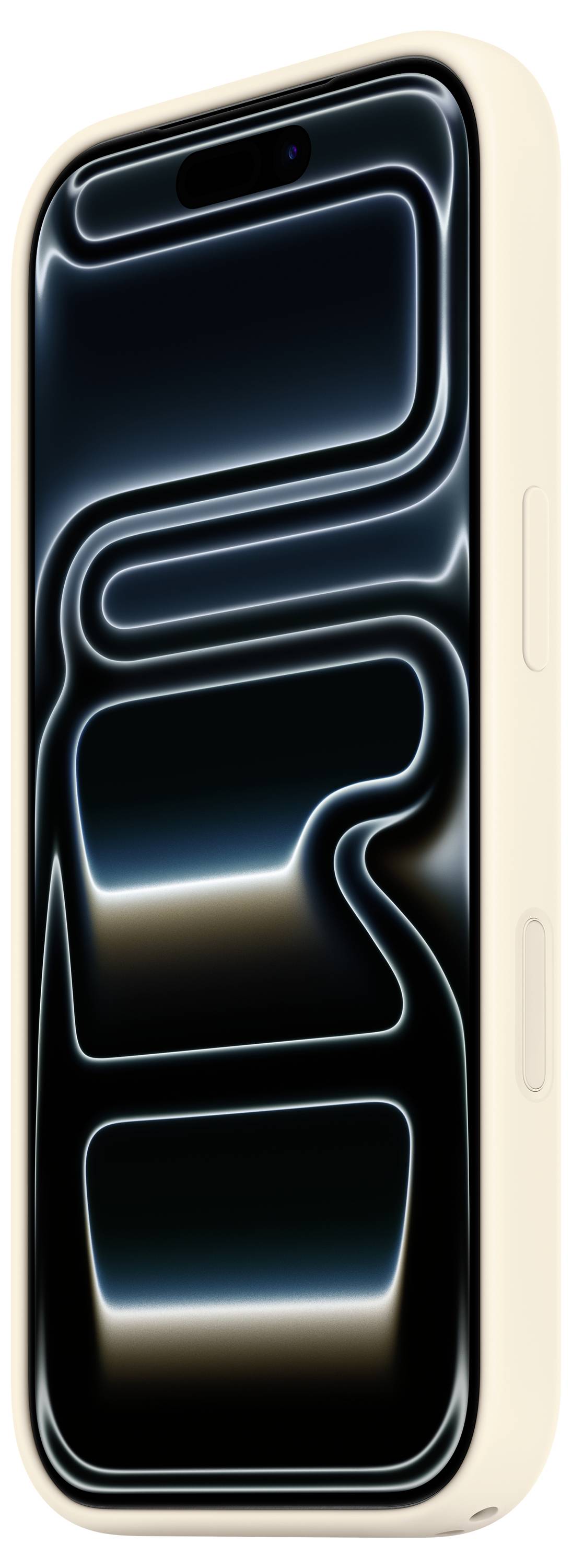 Ein Smartphone mit schlankem Design, mit beige Schutzhülle und reflektivem schwarzem Bildschirm mit abstrakten Neonlinien in einer dunklen Umgebung.