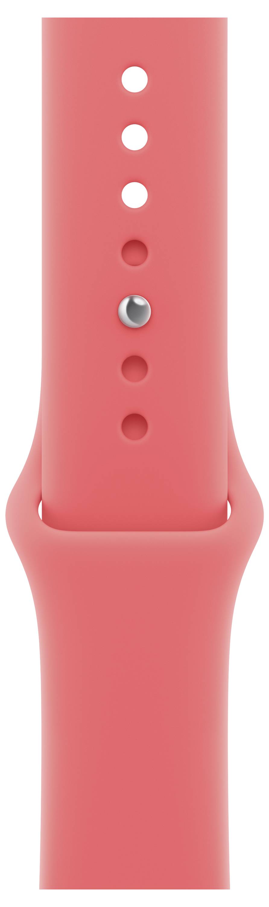 'Ein helles Korallenrot Smartwatch-Armband mit mehreren Einstellungslöchern und einer silbernen Schnallensicherung.'