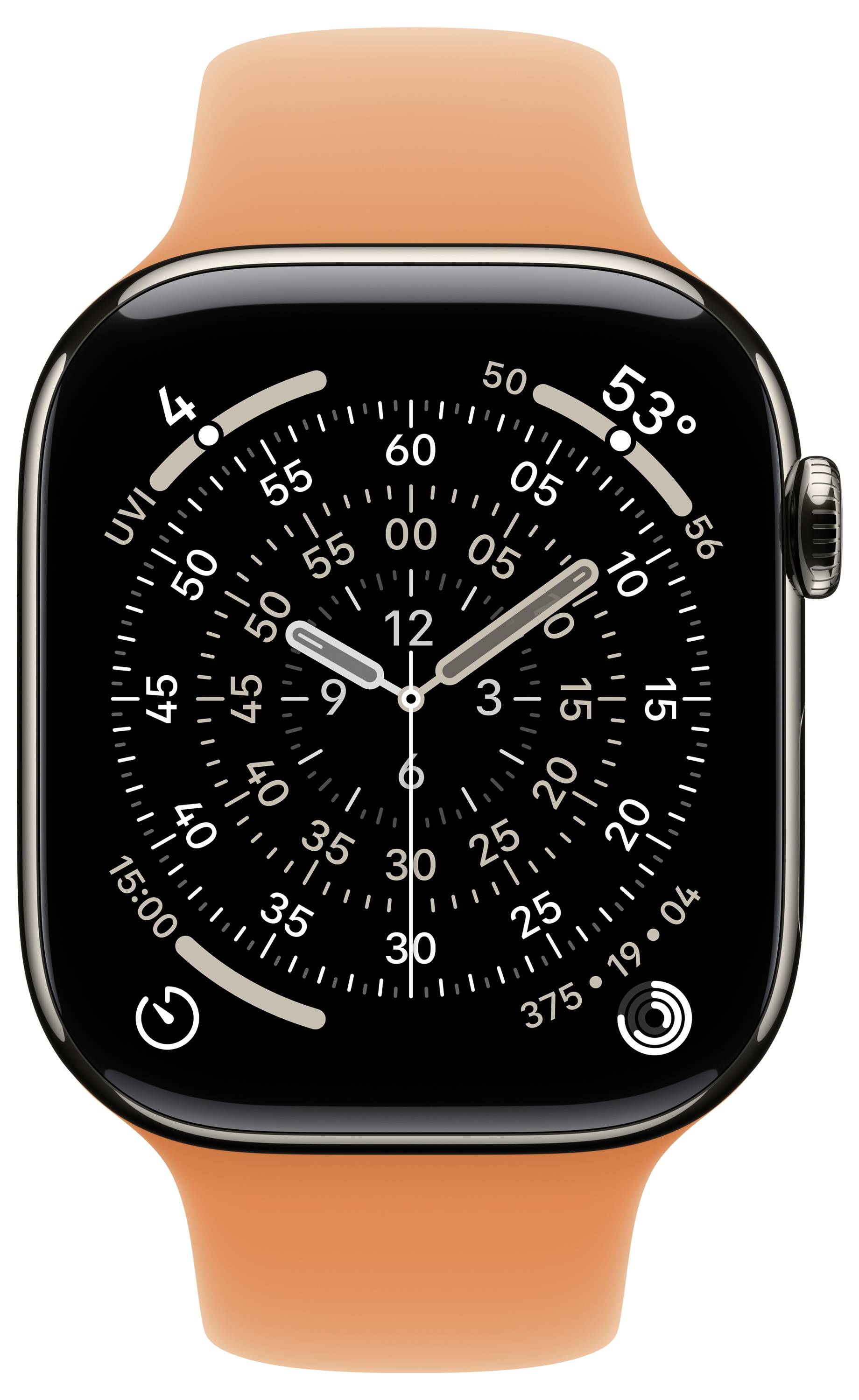Ein rundes analoges Smartwatch-Zifferblatt mit überlappenden Kreisreglern zeigt die aktuelle Uhrzeit, die Anzahl der zurückgelegten Schritte und eine Temperaturanzeige von 53 Grad.