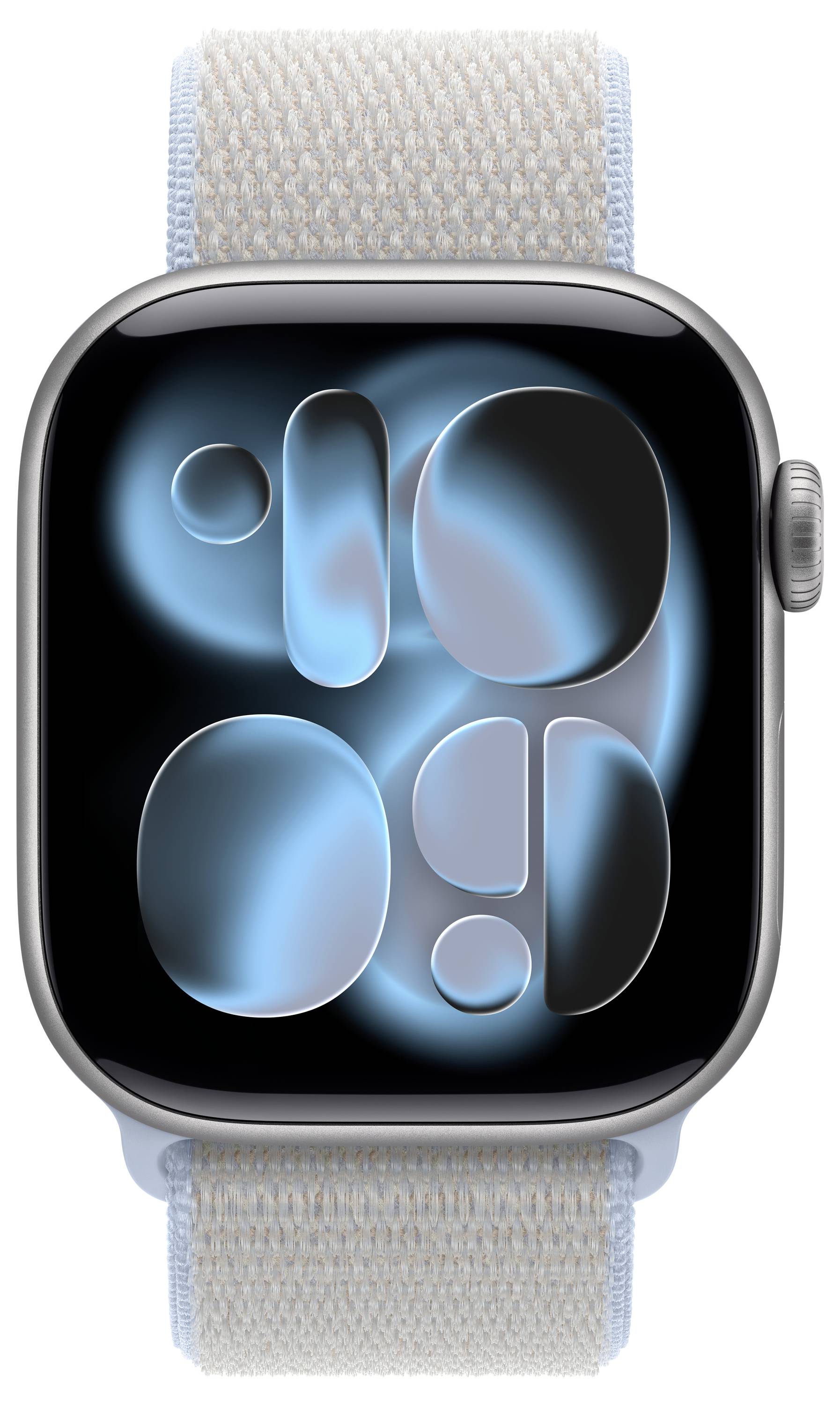 Eine Smartwatch mit einer blauen abstrakten Grafik auf dem Display, ausgestattet mit einem weißen Stoffarmband und einem silbernen Gehäuse.