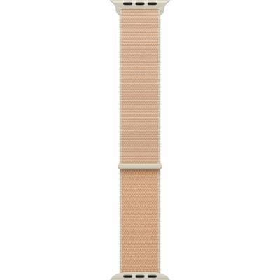 Ein orangefarbenes gewebtes Uhrenarmband mit beigen Anschlüssen, entworfen für eine Smartwatch.