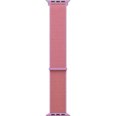Ein rosa Textil-Uhrenarmband mit verstellbaren Schlaufen und Kunststoffverbindern an beiden Enden, entworfen für eine Armbanduhr.