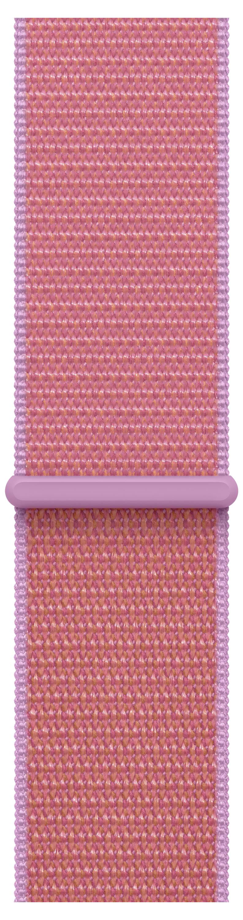Nahaufnahme eines rosa gewebten Stoffbandes mit einer passenden Kunststoffschnalle, die Textur und Farbdetails zur Schau stellt.