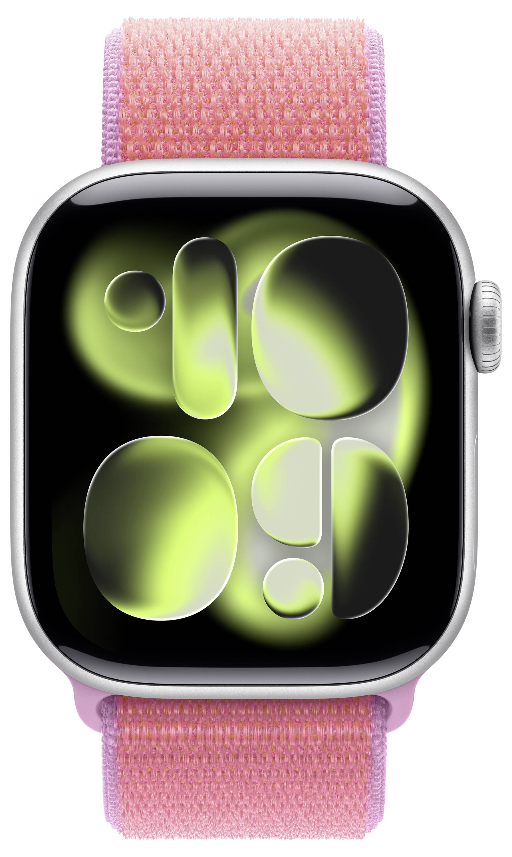 Smartwatch mit farbenfrohem abstraktem Display und rosa Armband.