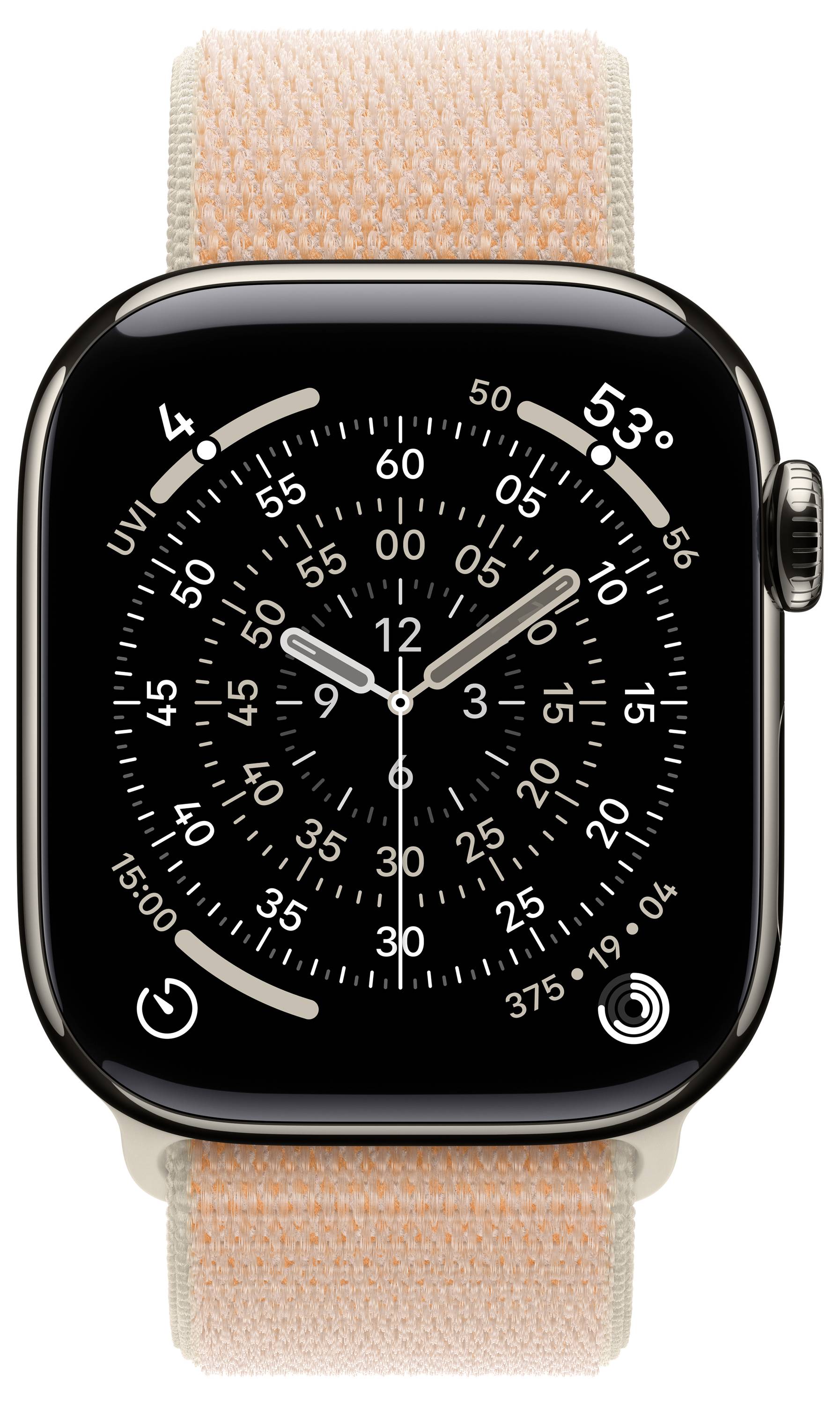 Eine intelligente Uhr mit einem analogen Zifferblatt, die Sekunden-, Minuten- und Stundenzeiger anzeigt. Das Wetter zeigt „53°" an. Ein beigefarbenes Armband ist angebracht.