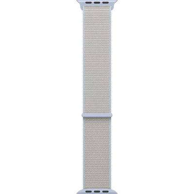 Ein hellblauues Smartwatch-Armband aus Webstoff mit einem einfachen geometrischen Muster.