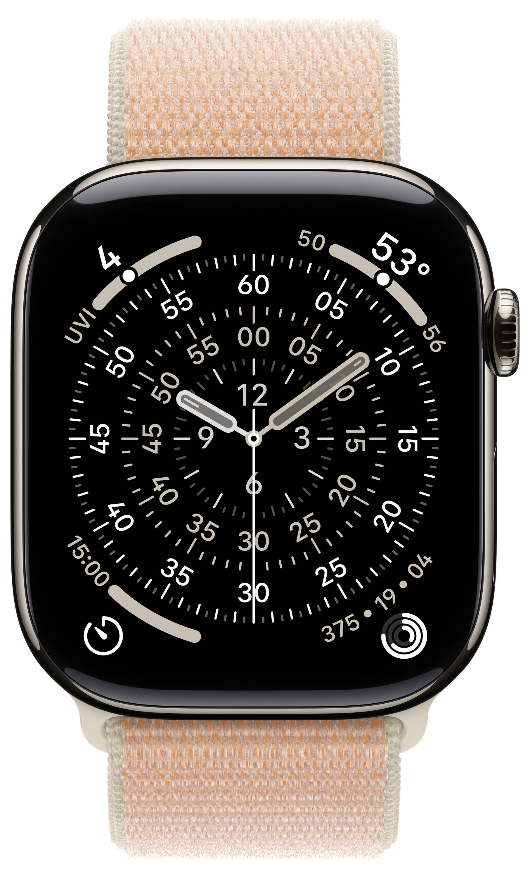 Eine Smartwatch zeigt ein analoges Zifferblatt mit Zahlen und Stunden-, Minuten- und Sekundenzeigern an. Das Armband ist pfirsichfarben.