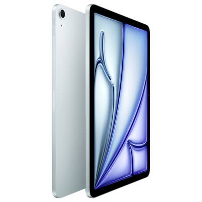 Ein Tablet mit metallischer Rückseite und lebendigem, abstraktem blauem Display-Design, das von der Seite und Vorderansicht gezeigt wird.