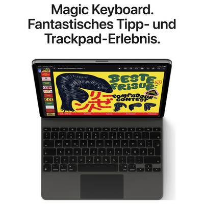 Ein Tablet mit Tastatur zeigt eine bunte Grafik auf dem Bildschirm. Der Text darüber lautet: 'Magic Keyboard. Fantastisches Tipp- und Trackpad-Erlebnis.'