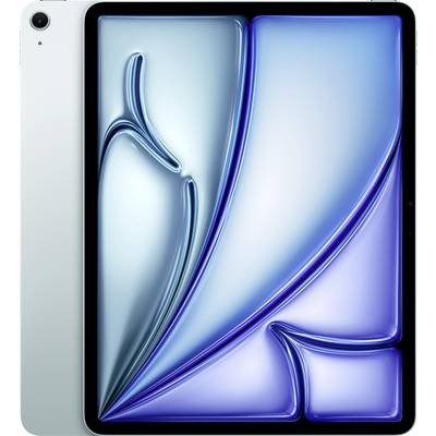 Ein elektronisches Tablet-Gerät mit silberner Rückseite und einem Bildschirm, der abstrakte blau-silberne Kunstwerke mit geschwungenen Linien und Formen anzeigt.