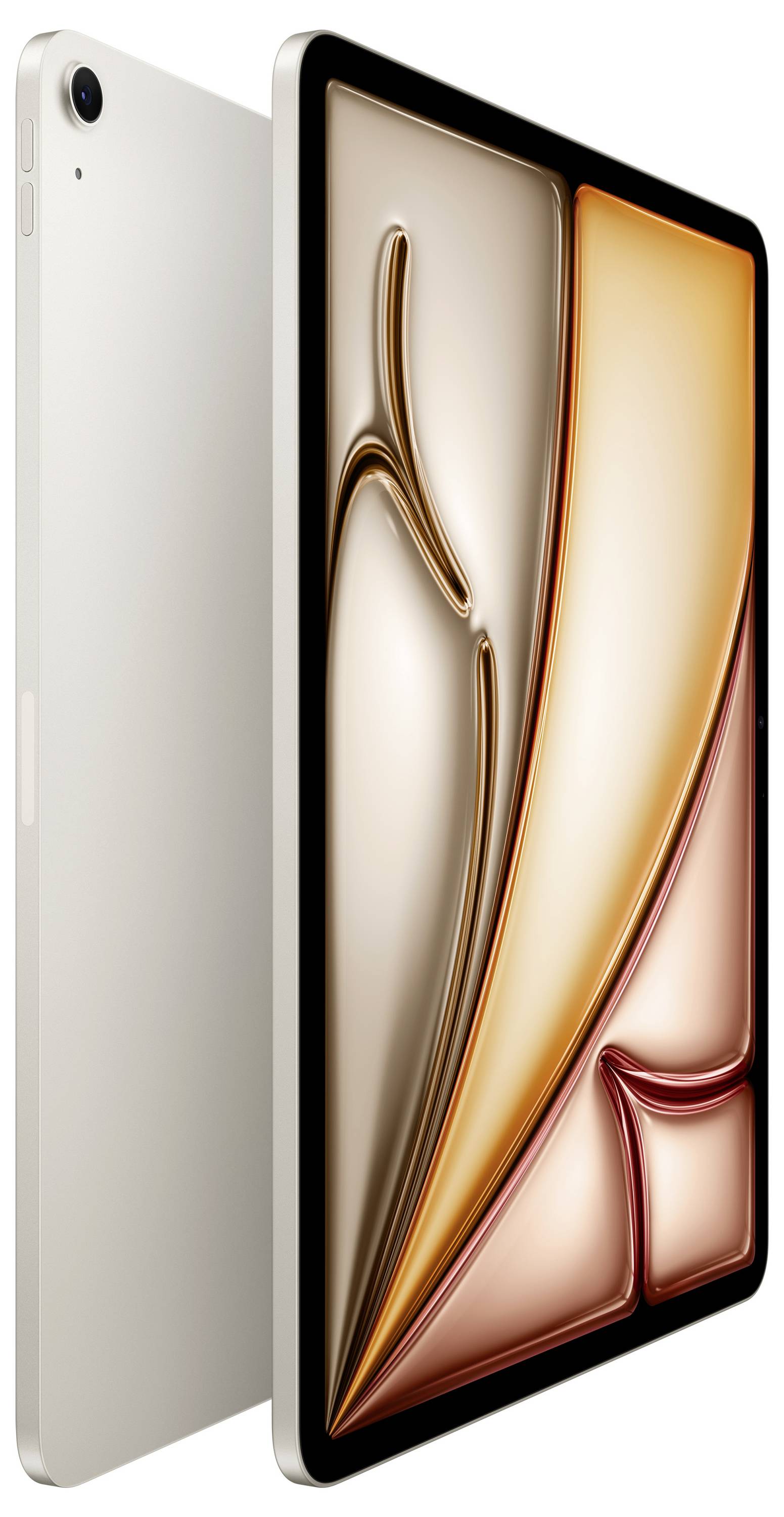 Ein Tablet mit schlankem Design und metallischer Seitenkante, das auf dem Bildschirm ein abstraktes Muster in Orange- und Beigetönen anzeigt.