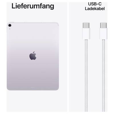 iPad in der Farbe Flieder, zusammen mit einem USB-C-Ladekabel, textlich als 'Lieferumfang' und 'USB-C Ladekabel' beschrieben.