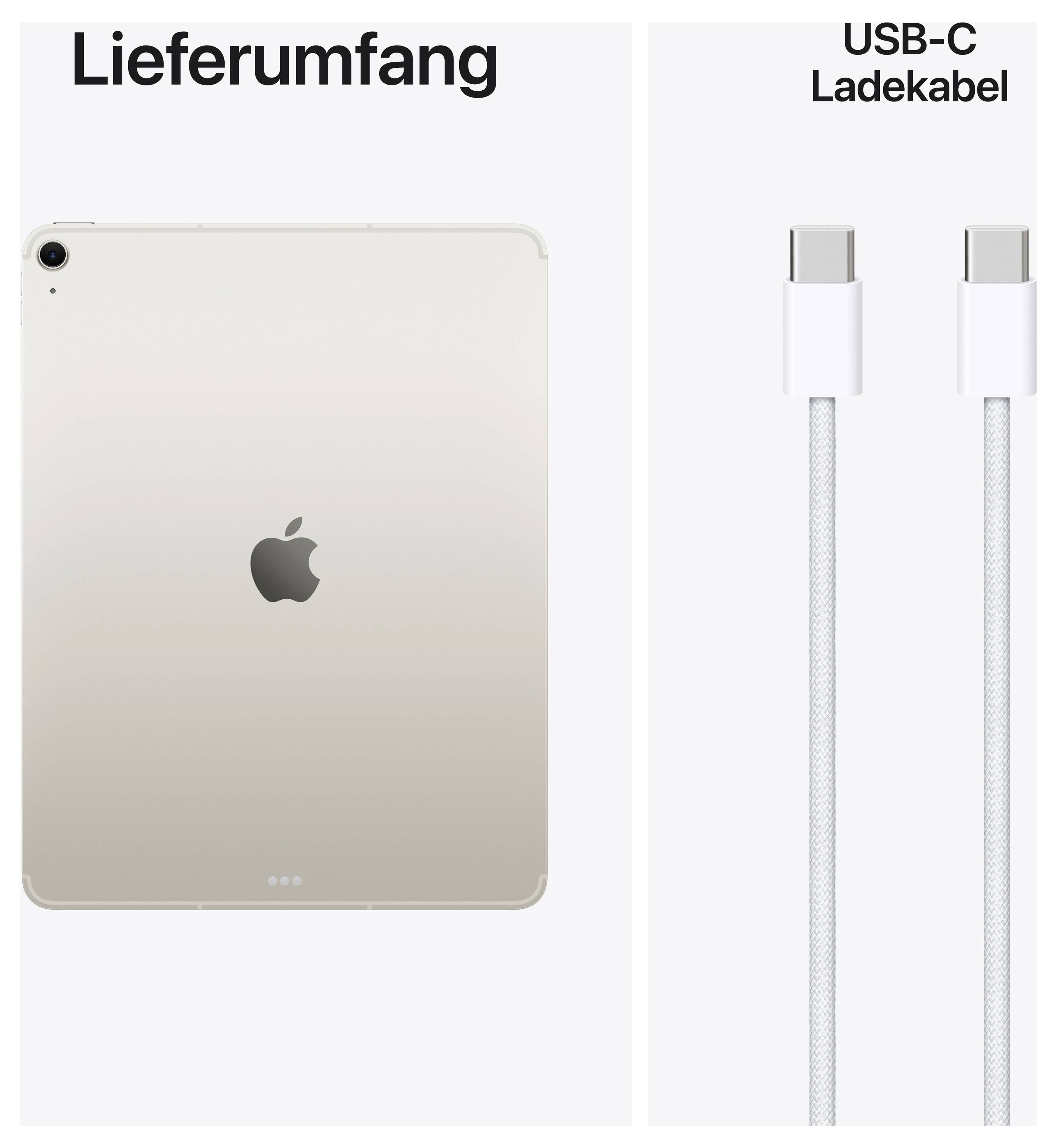 'Lieferumfang: iPad Rückseite in Silber mit Apple Logo, USB-C Ladekabel abgebildet.'