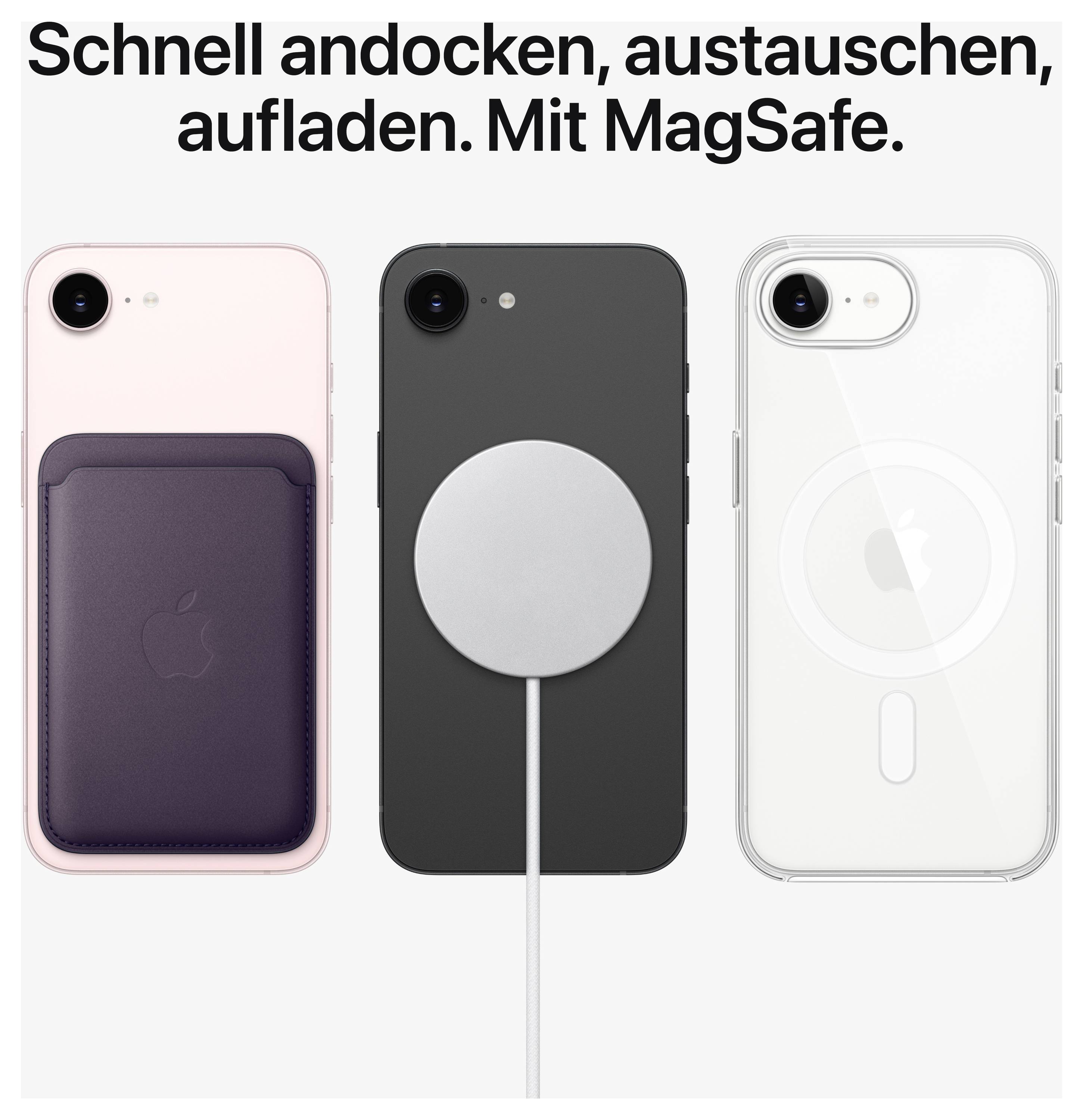 'Drei iPhones mit MagSafe-Zubehör: rosa mit Kartenetui, schwarzes mit Ladegerät, weißes transparent. Text: Schnell andocken, austauschen, aufladen.'