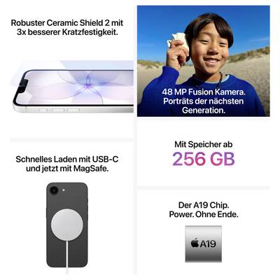 Ein Smartphone mit robuster Keramik, 48 MP Fusion Kamera, 256 GB Speicher, schnelles USB-C Laden, MagSafe und A19 Chip.