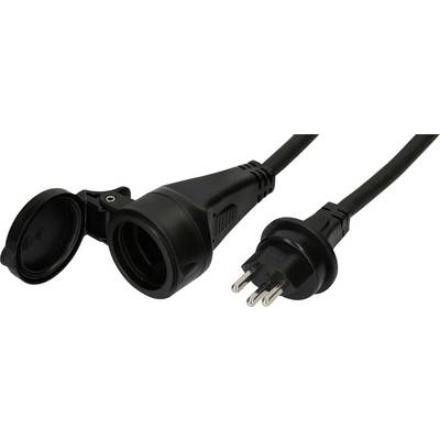 Schwarzer Stromstecker und Steckdose auf einem Kabel, mit drei Metallstiften und einer Schutzabdeckung für die Steckdose.