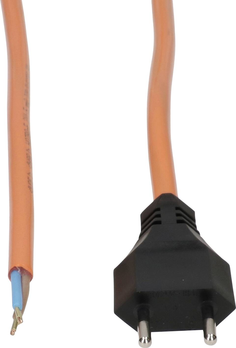 Oranges Stromkabel mit europäischem Stecker auf einer Seite und freiliegenden Drähten auf der anderen Seite, zur Veranschaulichung von Verdrahtung oder Konnektivität.